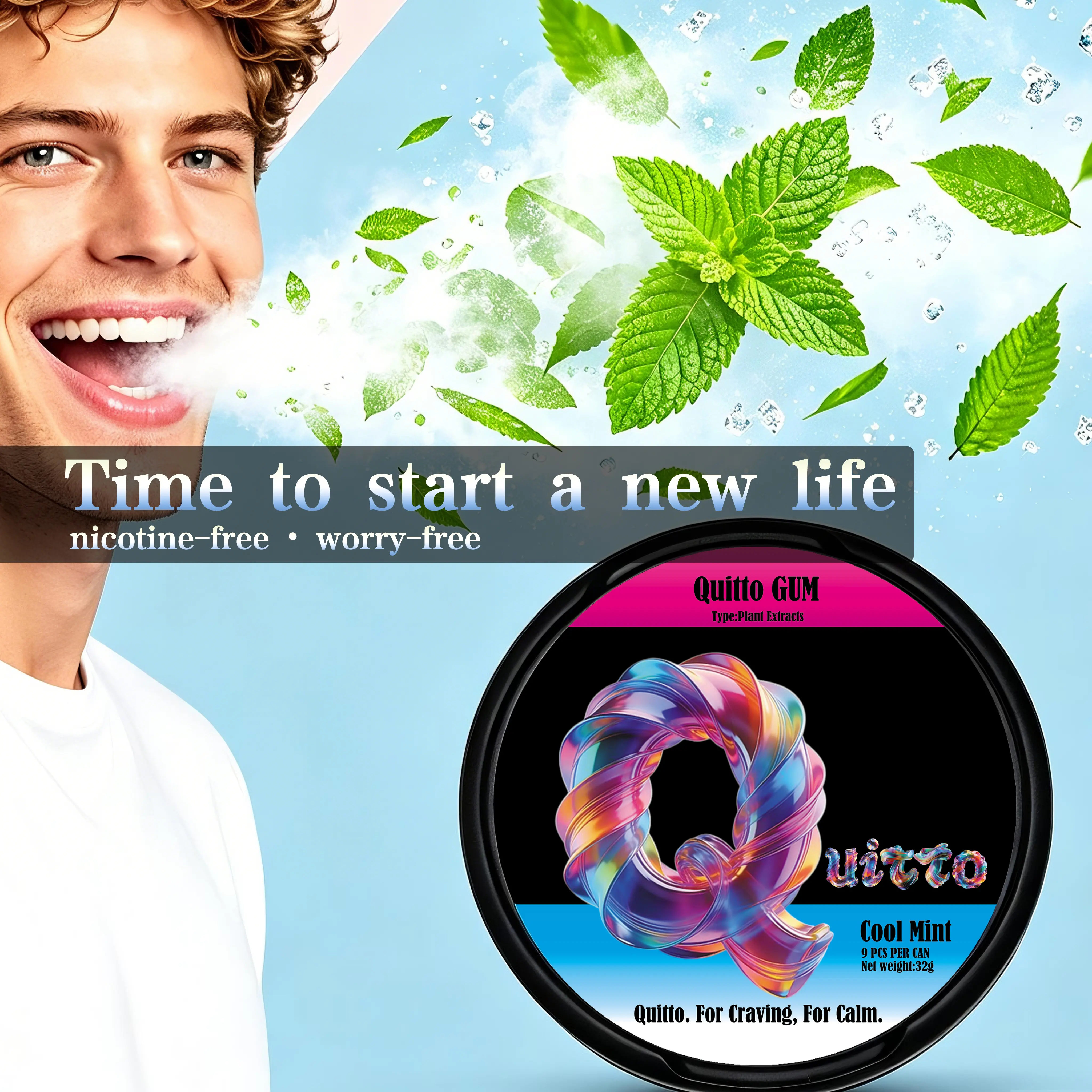 Quitto Nicotine-Free Organic Chewing Gum - Mint Flavor with Taurine, Ginseng, Vitamin B12, Nicotinamide, Natural Theanine, 9-Piece Packs, Fresh Breath Snack Alternative