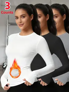 3-Pack Women's Thermal Underwear Tops, Solid Color Classic Crew Neck Long-Sleeve Basic Base Layers for Autumn & Winter - Ideal as Running, Hiking Activewear, Comfortable Base Layer Tees Suitable for Outdoor Activities