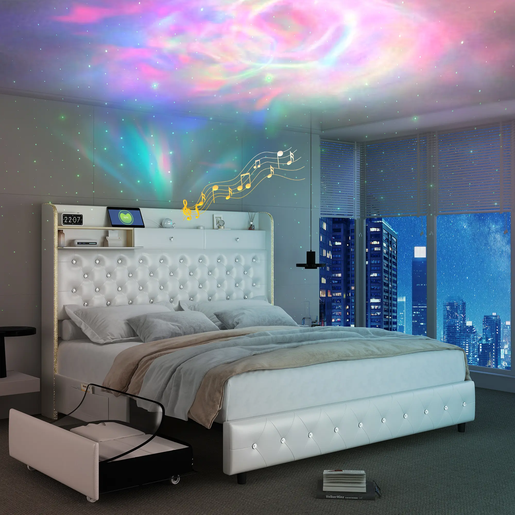 [Deals for You Days] Queen Led Bed Frame with Galaxy Aurora Star Projector, Modern Queen Platform Bed with 2 Storage Drawers, 52" Diamond Upholstered Headboard with Charging Station, Noise Free, No Box Spring Needed, PU White Springtok Furniture