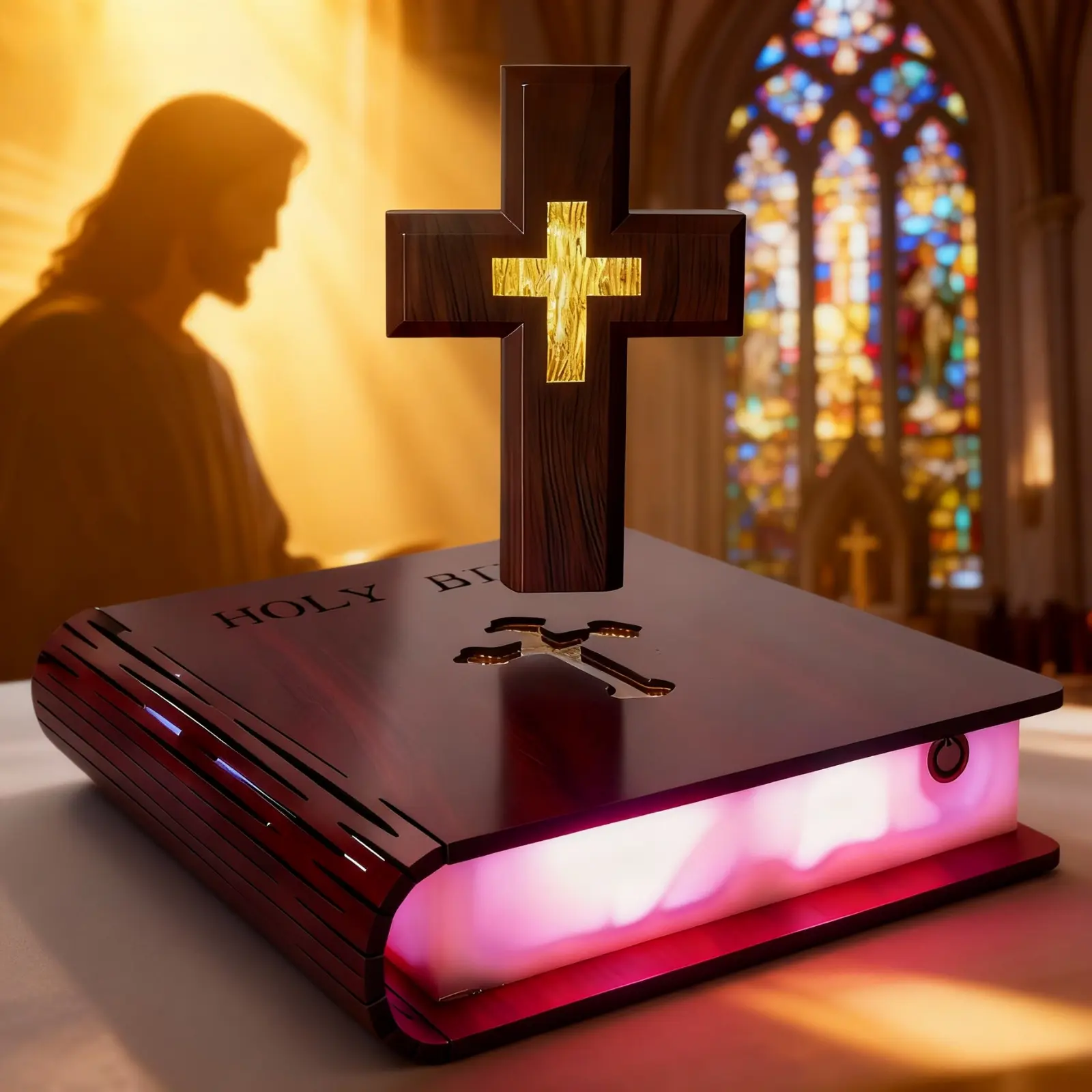 Magnetic Levitation Wood Grain Laser Cross Bible Verse LED Light, Floating Jesus Holy Spirit House Decor, Religious Wooden Ornament for Christmas Holiday Gifting (Adults & Children)