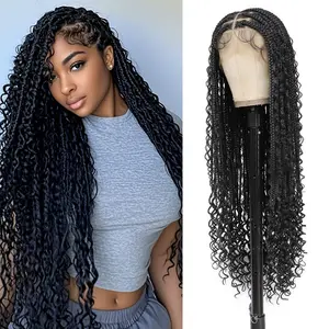 ZIHAN Knotless Boho Box Braided Wigs for Black Women Glueless Double Full Lace Front Synthetic Hair Blended Goddess Braid Wig with Baby Hair Bohemian Curly Ends
