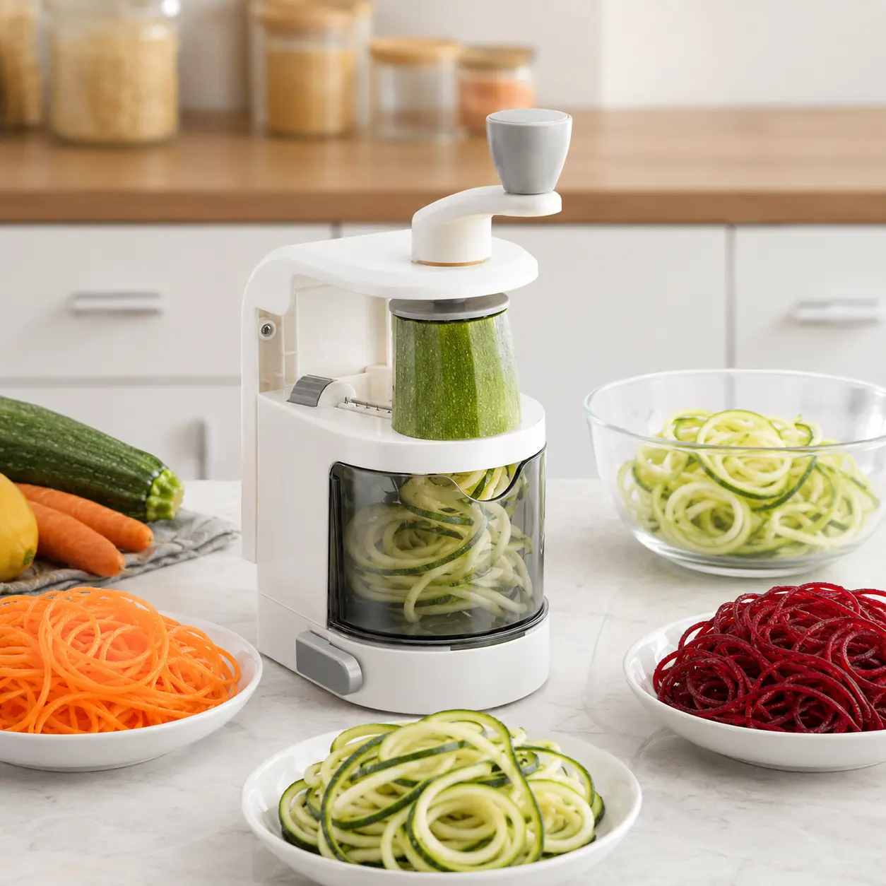 4-IN-1 Modern Plastic Vegetable Spiralizer – Kitchen Utensil with Rotating Blades, Strong Suction Cup, Zucchini Noodle Maker, Veggie Slicer for Cooking Cutting summerwins,summerwins