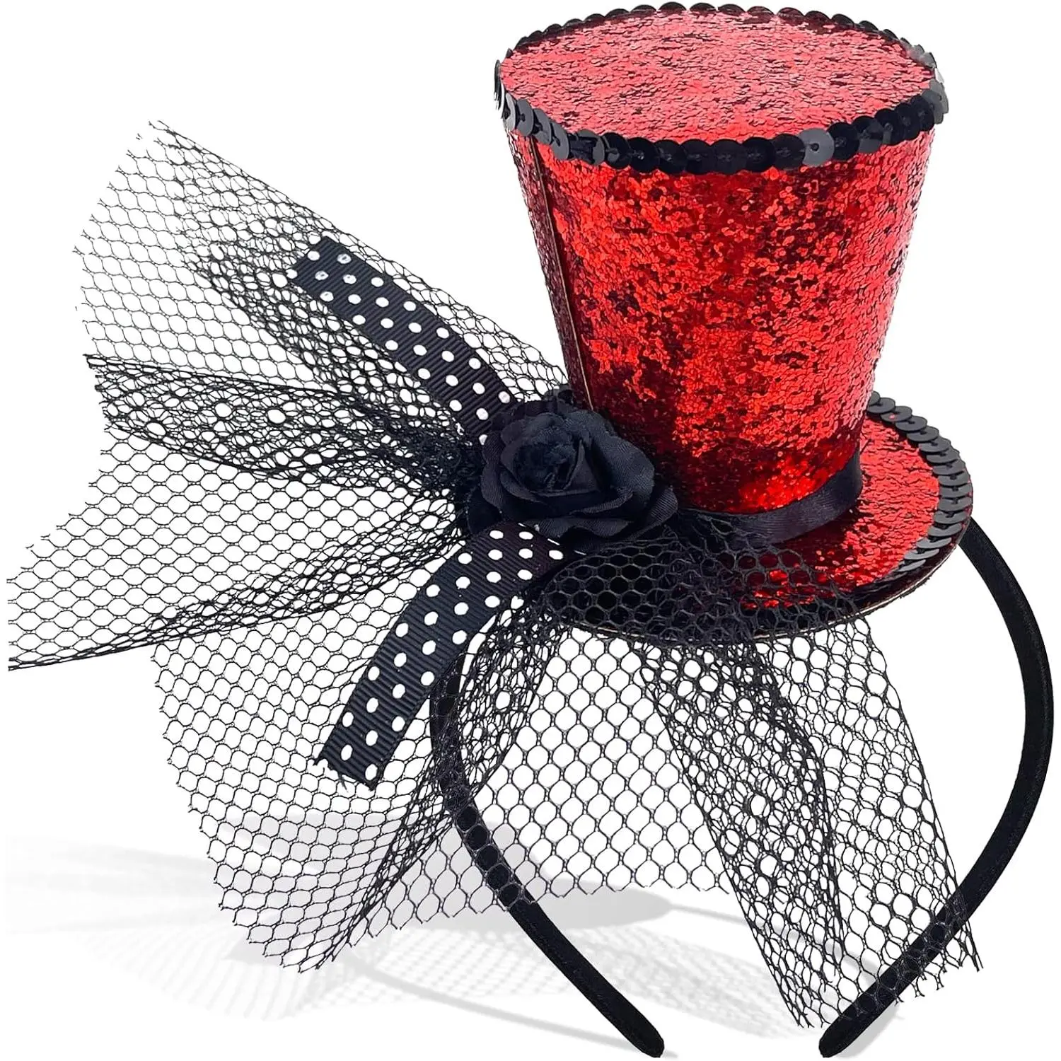 Red Mini Top Hat Fascinator, Women's Feathered Costume Headband with Synthetic Accents for Halloween Parties, Female, Costume Headband For Halloween & Festival Parties, Party