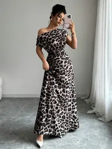 Women's Sexy Leopard Print Off-Shoulder Dress, Ruched Waist Design, High Slit, Short Sleeveless, Perfect for Dating and Parties