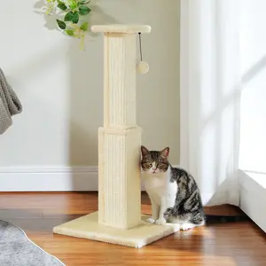 32-inch tall indoor cat scratching post, featuring braided sisal, a large base, and a removable hanging ball