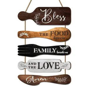 Wooden Kitchen Wall Decor Set, Blessing Food Utensil Shape Hanging Signs, Rustic Wooden Plaques for Home Farmhouse Kitchen/living Room Decoration