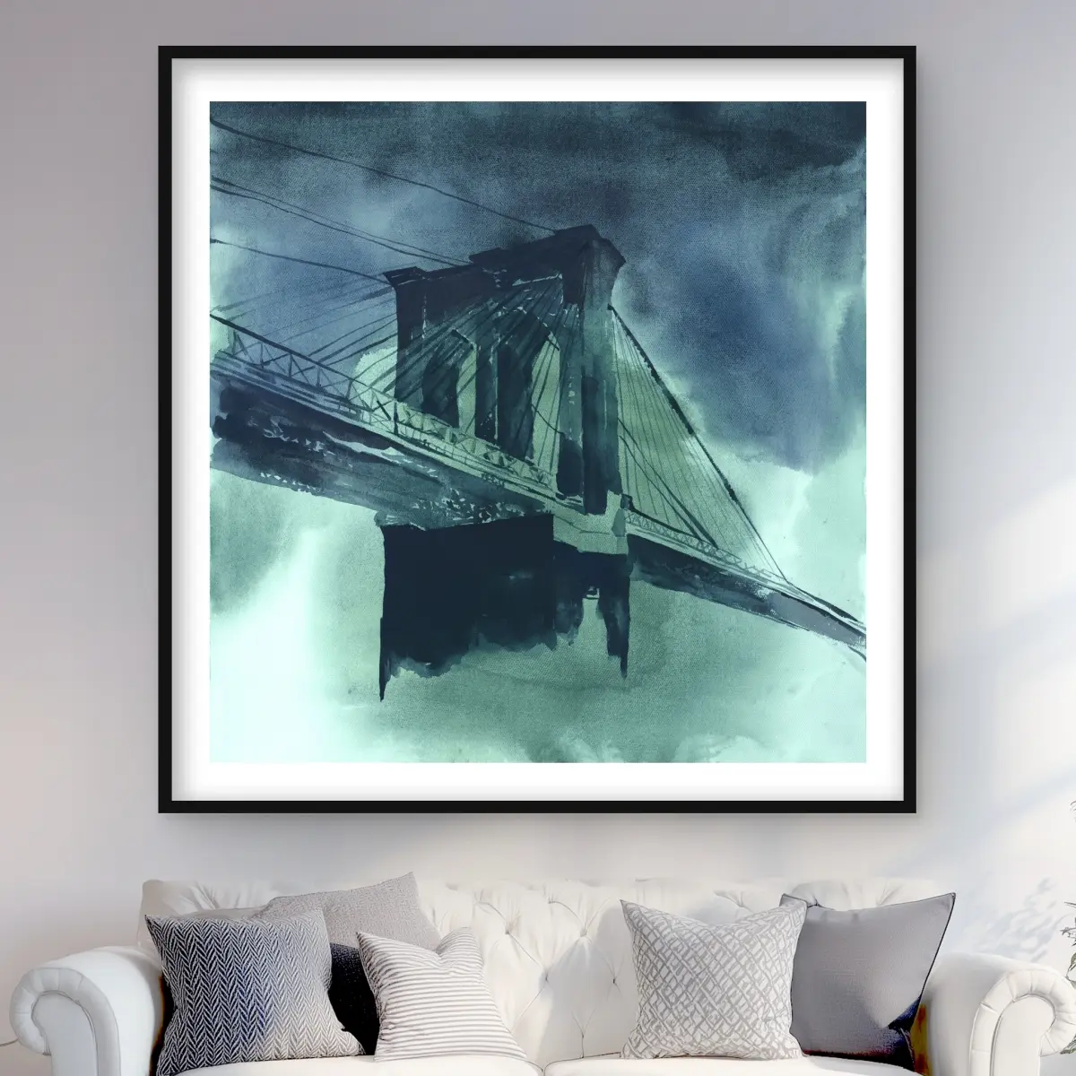212 MAIN Framed Matted Wall Art Print - 48x48 in. Artistic Abstract Brooklyn Bridge Cityscape, Blue Framed Home Decor, Bathroom Wall Art for Rooms