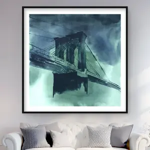 Begin Home Decor C1FM4848NLT4KX 48 x 48 in. Abstract View of Brooklyn Bridge - Blue Framed Matted Print Wall Art