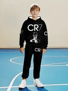 Boys Football Theme Hoodie and Jogger Set, Cr7 Letter Print, Casual Sportswear, School Training Daily Wear, Sports Outfits, Sports Suit Set