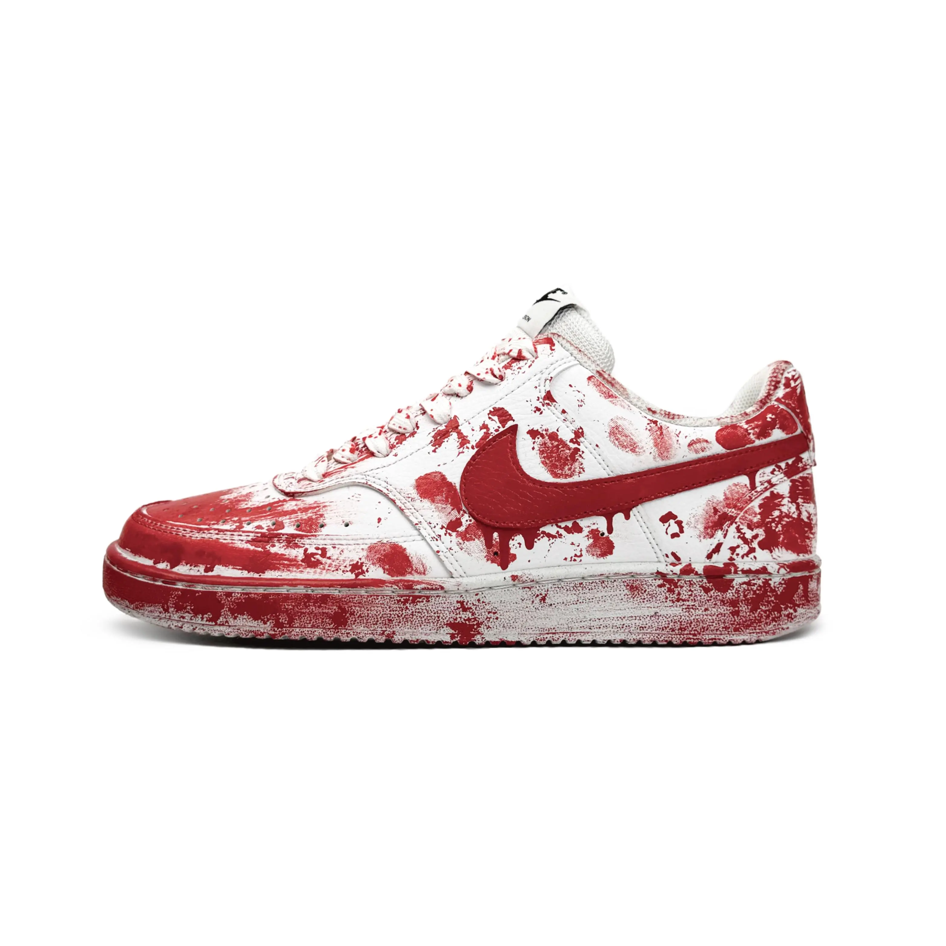 Men's Nike Court Vision 1 Customized Gothic Low-Top Casual Trainer Shoes - Airbrushed Bloodstain Design, House White Official Maison Mihara Sneakers