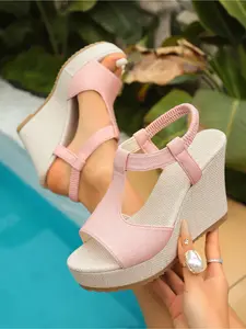 Women's T-Strap Wedge Sandals, Ultra Light Elastic Ankle Strap Espadrille Platform Heels, Comfortable Summer Open Toe Shoes for Women