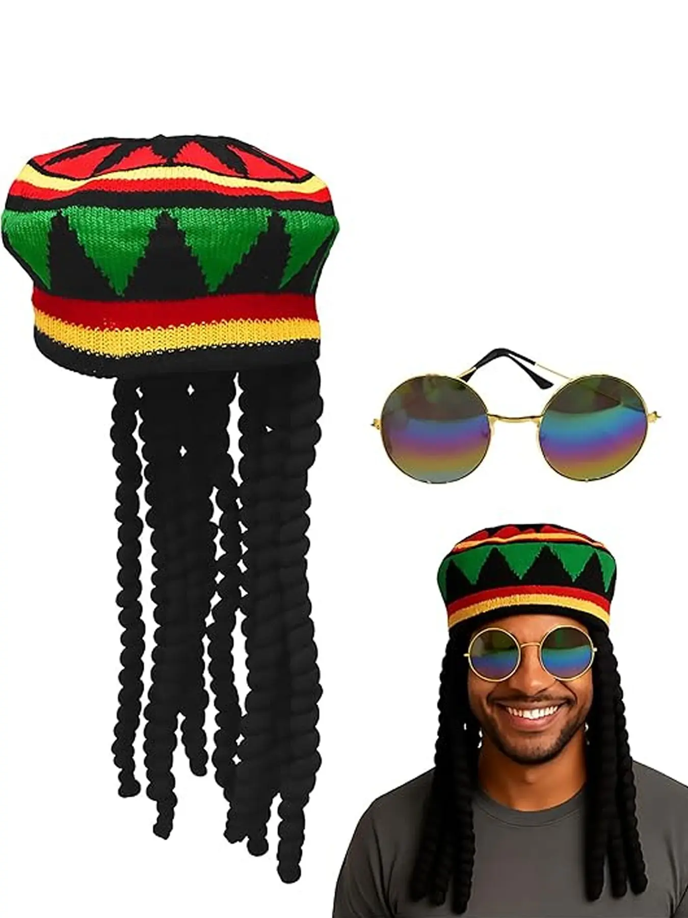 Rasta Hat With Funny Wigs for Adults - Jamaican Crochet Hat with Fake 17'' Dreadlock Wig Cap and Sunglasses, Rasta Dreadlock Accessories Cap Crazy Wigs for Adults, Party Ready, Humorous Touch