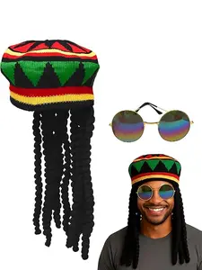 Rasta Hat With Funny Wigs for Adults - Jamaican Crochet Hat with Fake 17'' Dreadlock Wig Cap and Sunglasses, Rasta Dreadlock Accessories Cap Crazy Wigs for Adults.