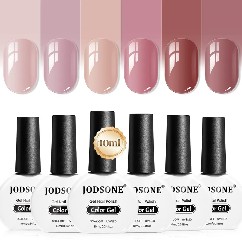 JODSONE 6PCS Colored Pastel Gel Nail Polish Set - 6 Colors, 10ml, Fast Drying, Long Lasting, UV Curing (Neutral Nude Pink, Pale Purple, Oval, Casual) for Home & Salon Use, Nails Inspo, Shiny Buff Finish