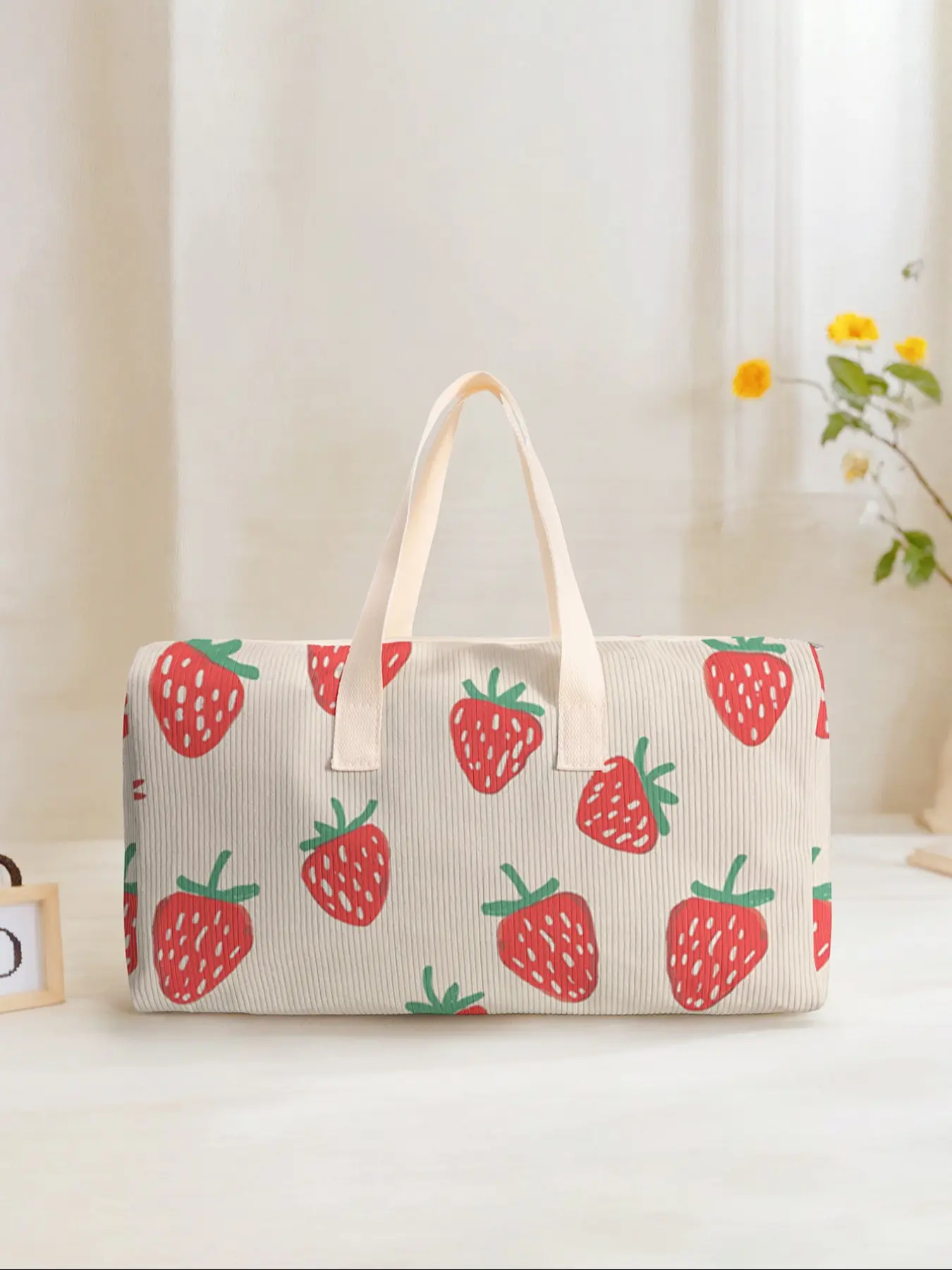 Large Capacity Corduroy Travel Duffel Bag, Strawberry Print, Casual Weekender Bag for Yoga Fitness, Gym Duffel Bag, Short Trip & Daily Commute, Travel Duffle Bag