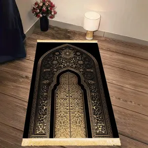 1pcs Islamic Prayer Mat with Tassels, Non-Slip Foldable Black and Golden Design, Machine Washable Home Prayer Rug, Suitable for Doorway, Living Room, Elegant Muslim Prayer Rugs for Daily Worship, Portable Foldable Mat