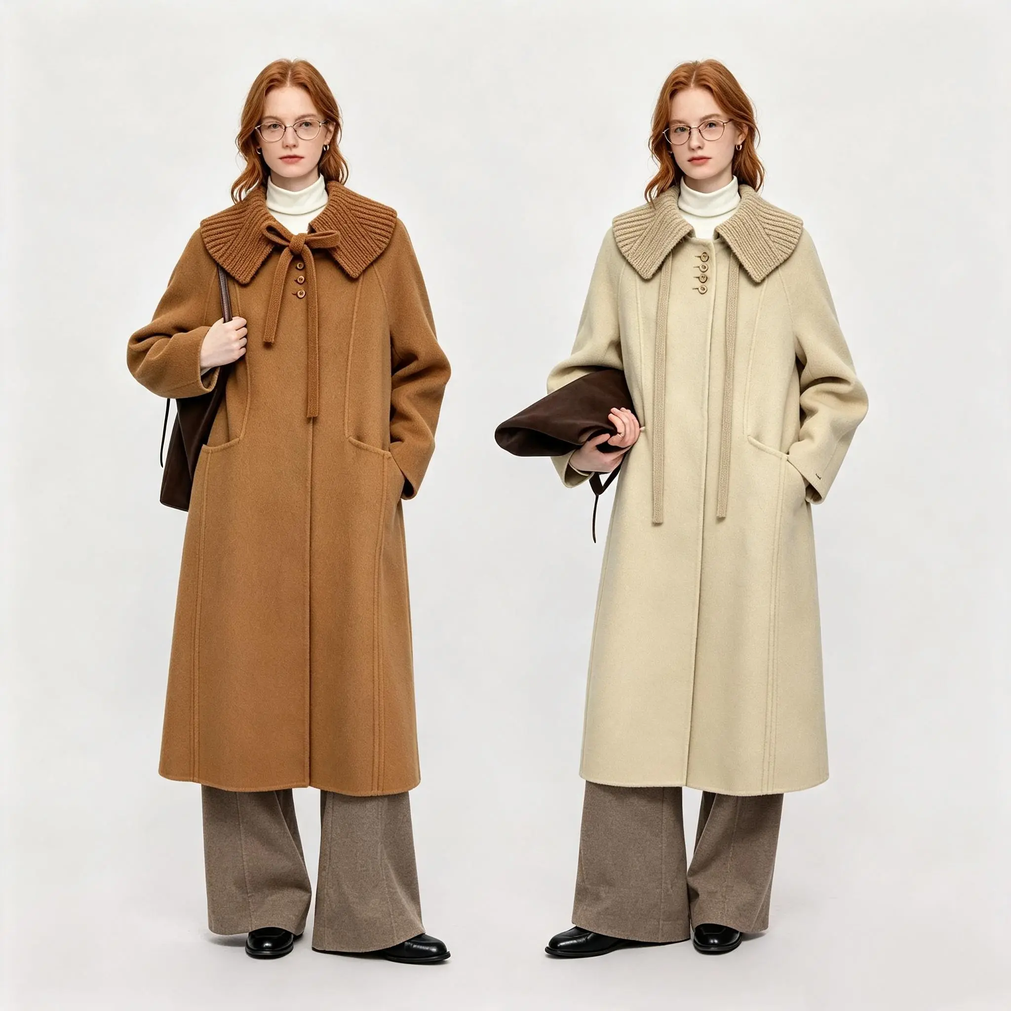 Knit Lapel Collar Double-Faced Wool Coat 87% Wool 13% Cashmere Blend，Warm Autumn Winter Smart Outerwear in 2 Colours