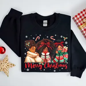 African American Christmas Black Woman Crewneck Sweatshirt, Black Santa Merry Christmas Sweater, Afro Woman Melanin Xmas Gifts