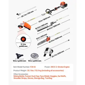 VEVOR Gas Hedge Trimmer, 2 Cycle Gas Power Handheld Trimmer, 6-in-1 26cc Weed Eater with Extension Pole Protective Gear Set, Includes Hedge String Trimmer, Brush Cutter(3T 40T), Edger, Pole Saw