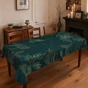 1 piece of 2D flat printed tablecloth  Luxury Gold Line Leaves Dark Green Tablecloth, Vintage Style Dining Table Cover, Elegant Atmosphere Decorative Table Linen for Home Restaurant