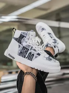 Men's Fashion Breathable High-Top Sneakers, Sporty Style Lace-Up Shoes with Random Letter Pattern, All Season Casual Running Shoes