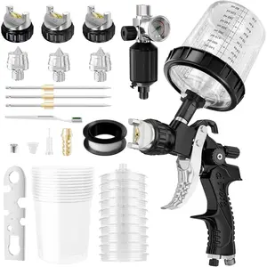 HVLP Air Spray  with 1.4/1.7/2mm Nozzles & Air Compressor Regulator, Air Spray   w/10pcs 600cc Mixing Cup and Lids, Automotive  Sprayer for , House Painting, Furniture