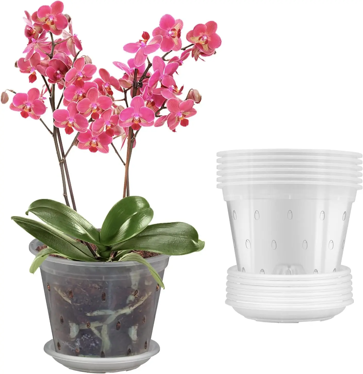 6 Pack Orchid Pots with Holes and Saucers, 6.8 Inch Clear Plastic Orchid Pots for Repotting, Plastic Flower  Pot Indoor Outdoor, Breathable Slotted Orchids Planter