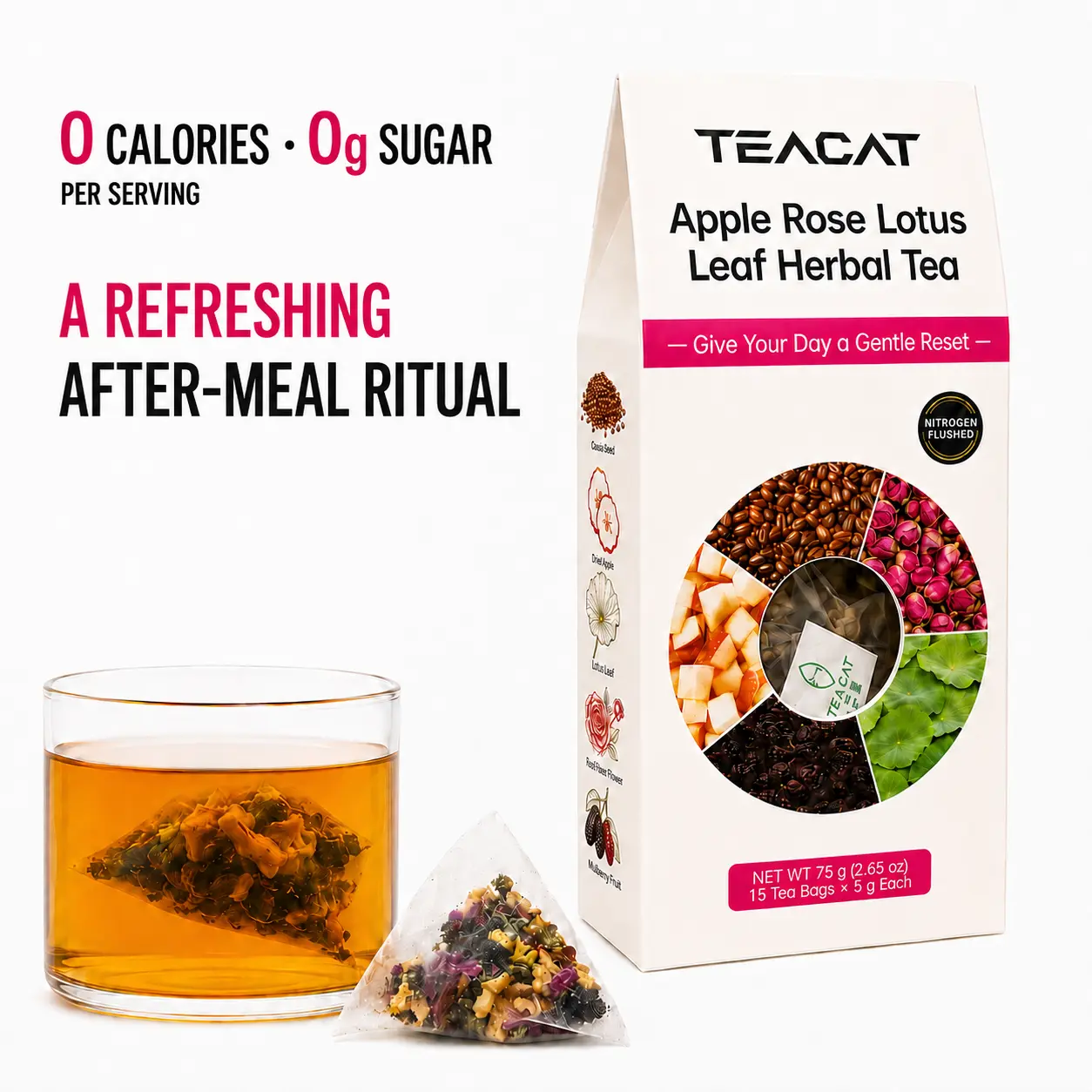 TEACAT Apple Rose Lotus Leaf Herbal Tea, 15 Pyramid Tea Bags, 0 Calories and 0g Sugar, Dried Apple, Rose, Cassia Seed and Mulberry Blend, 5g Each, 2.65 oz