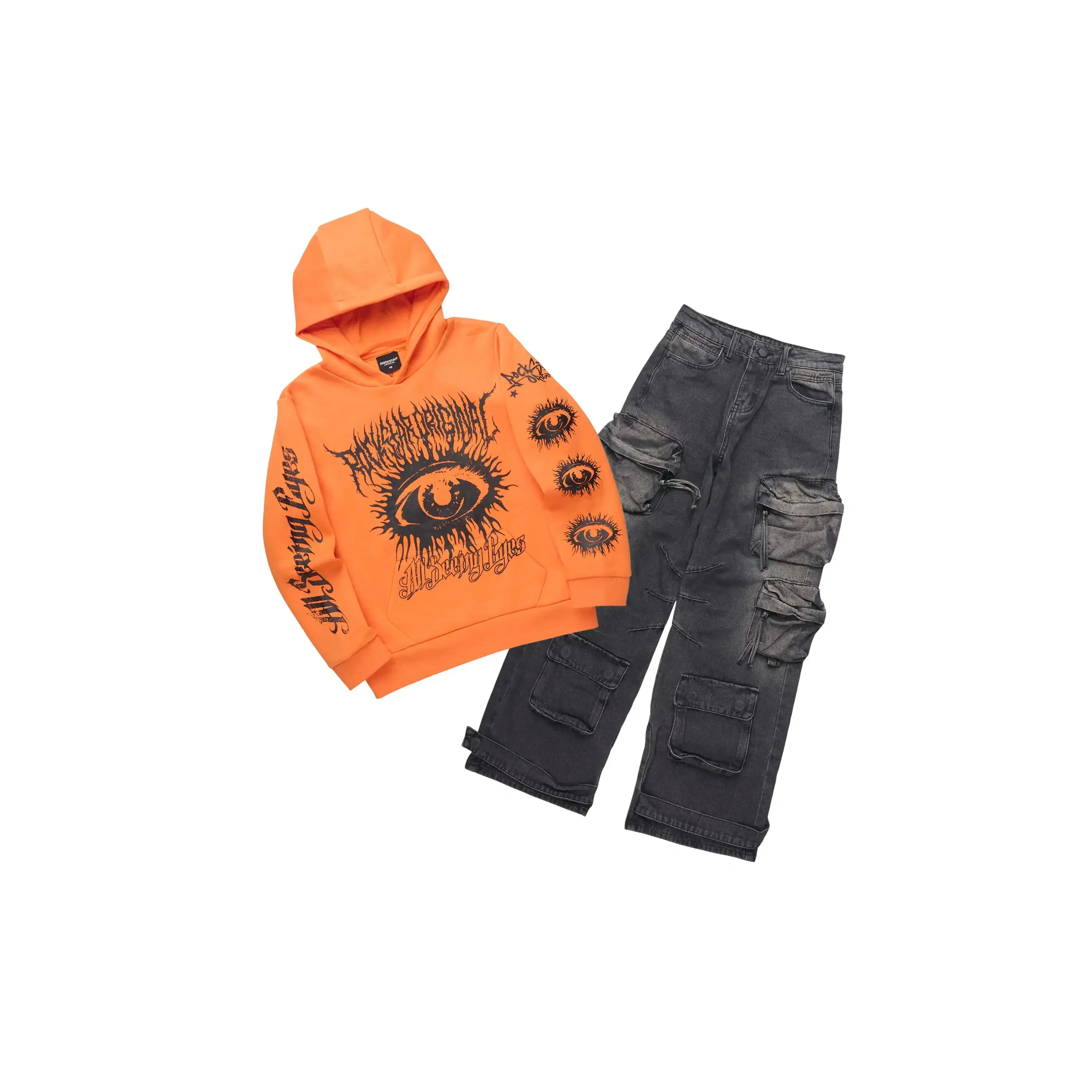 Boys All Eyes Orange Hoodie & Lenz Black Baggy Jean Set