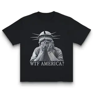 Trendy Funny Statue of Liberty WTF AMERICA Graphic Tee, Viral Meme Shirt Perfect for Social Media Posts Made In USA For Women For Men [180Gcotton