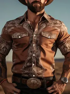 Men's Western Style Printed Long Sleeve Shirt, Fashion Retro Pattern Casual Top, Fitted Spring & Fall Clothing