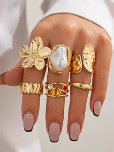 Elegant Ring Set for Women, Floral & Faux Pearl Design, Party Wedding Jewelry, Adjustable Open Rings, Daily Wear Accessories