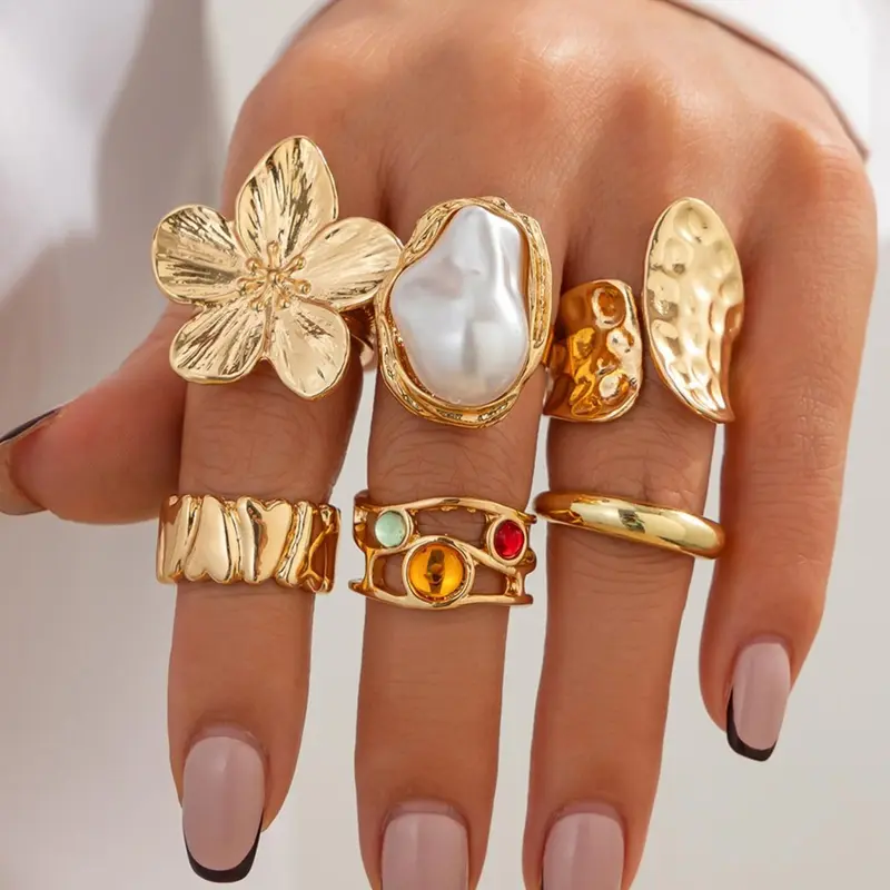 Elegant Ring Set for Women, Floral & Faux Pearl Design, Party Wedding Jewelry, Adjustable Open Rings, Open Ring Style, Daily Wear Accessories
