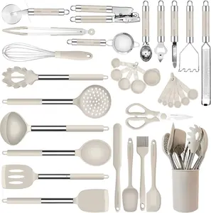 Kitchen Utensils Set- Cooking Utensils-33pcs Non-Stick  Cooking Kitchen Utensils Spatula Set with Holder- Kitchen Cookware with Stainless Steel Handle (Khaki)