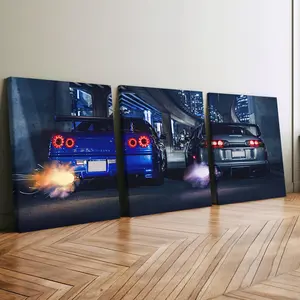 3Pcs Wooden Framed Canvas Painting, Night City Sports Cars Drifting Images, Exquisite Poster, Home Decoration, Pattern Wall Art Decor, For Living Room, Bedroom, Office, Restaurant, Bar Wall Decor, Waterproof, Odorless, Painting, Print Artwork.