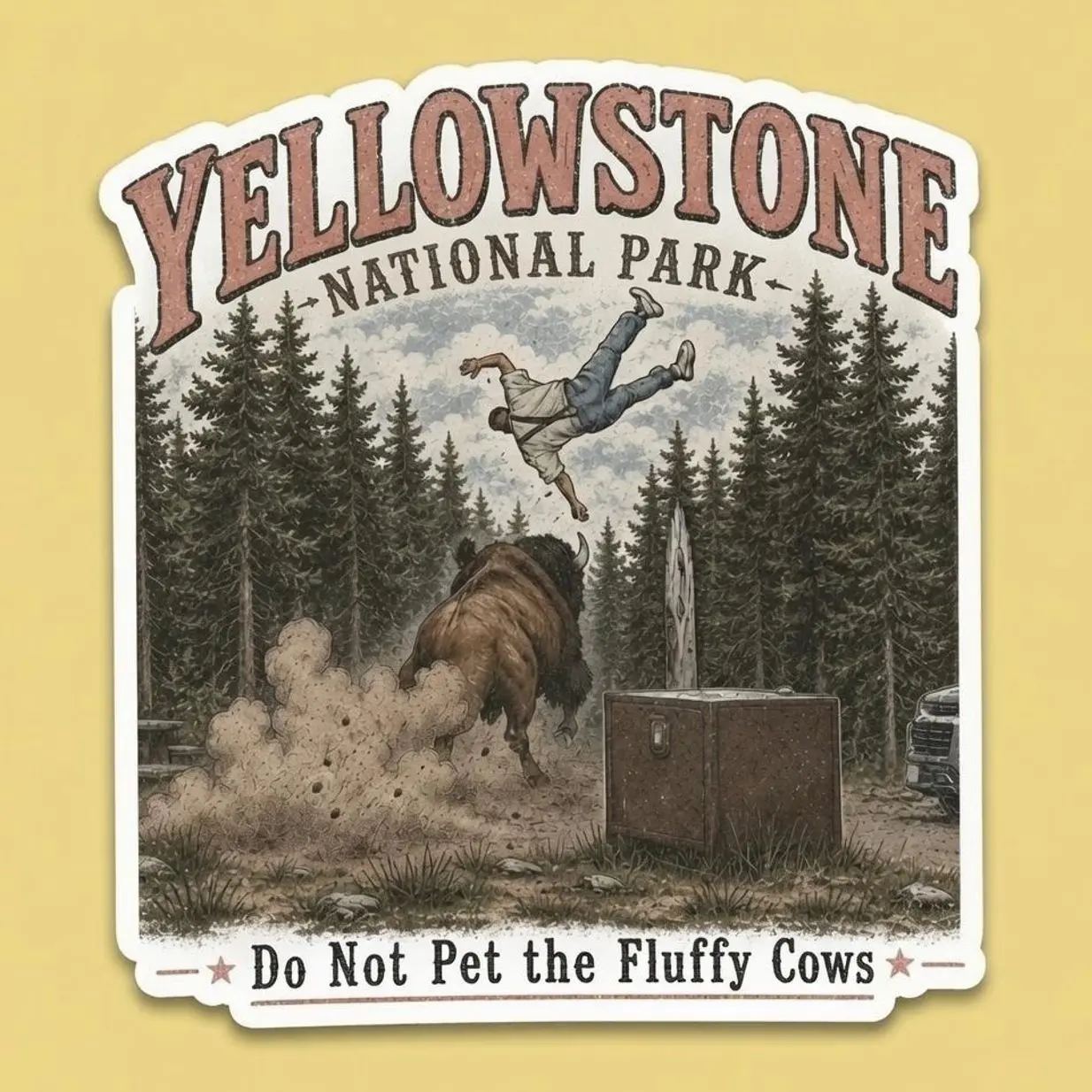 Yellowstone National Park Bison Tourist Sticker, Do Not Pet The Fluffy Cows Sticker, Laptop Phone, Trucks, Laptops, Coolers, Toolboxes, Windows & More, Vinyl Sticker