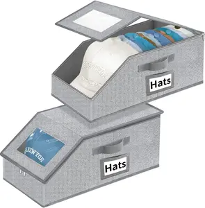 Hat Organizer for Baseball Caps - 2PCS Stackable Storage with Clear Window Lid, Flip-Top Access, Space-Saving Hat Box for Closet, Breathable Fabric (Grey) Aokeyee