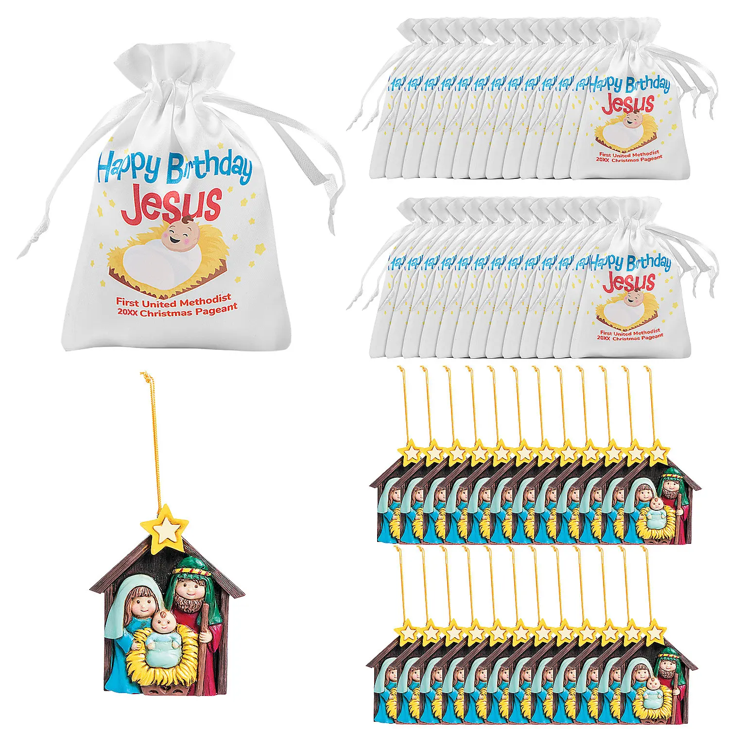 24-Pack Religious Custom Satin Drawstring Bags with 4" x 6" Multicolor Resin Ornamental Hand-Painted Christmas Handout Kit (48 Pcs. per Unit), Festive Party Supplies for Sunday Schools