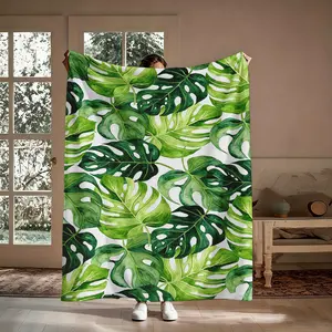Tropical Flannel Blanket, Monstera Leaf Watercolor Botanical Soft Cozy Throw, For Living Room Bedroom, Birthday Gift For Her Friend, Jungle Aesthetic Decor