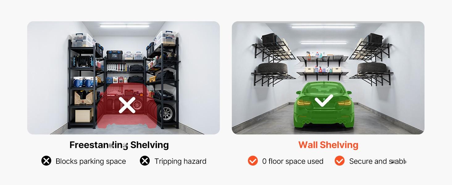 2-Tier Heavy Duty Wall Garage Shelving System, 4-Pack Steel Wall Mounted Shelving Unit, 24 x 72 Inches Per Shelf, Floating Storage Metal Rack For Garage Organization, 1600 Lbs Total Weight Capacity, Black