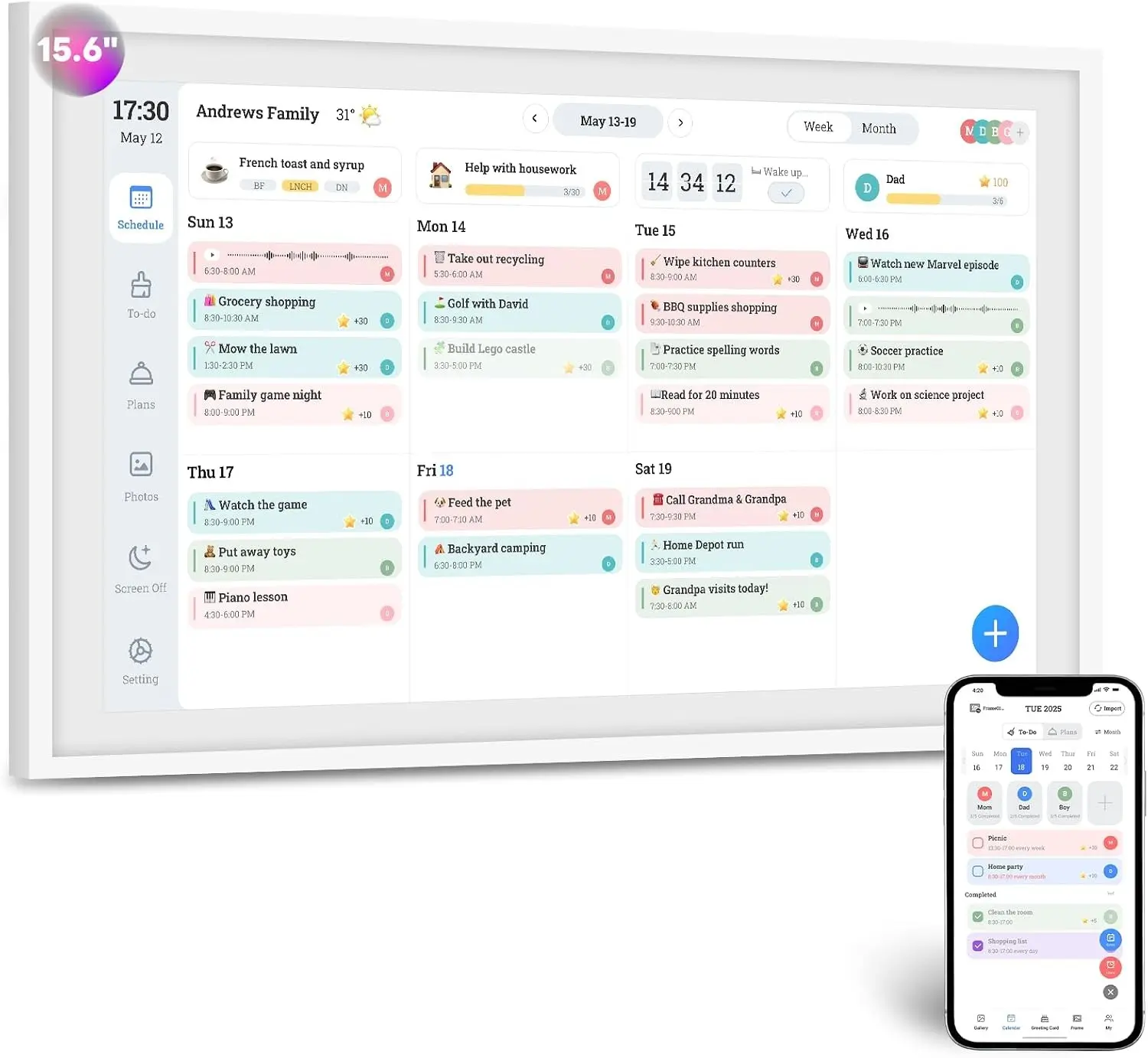 Premium Version 15.6" Digital Calendar, Smart Touchscreen Chore Chart & Planner with Mobile Interconnection, Multi-functional Electronic Calendar for Schedule, Meal Planner, Chore Chart, Photo Display