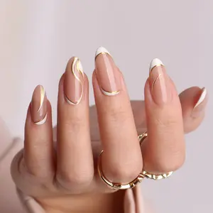 Designer Collection - White Almond Shaped Press-On Nails with Gold Edges - 10pcs Long Length Elegant & Restraint Style