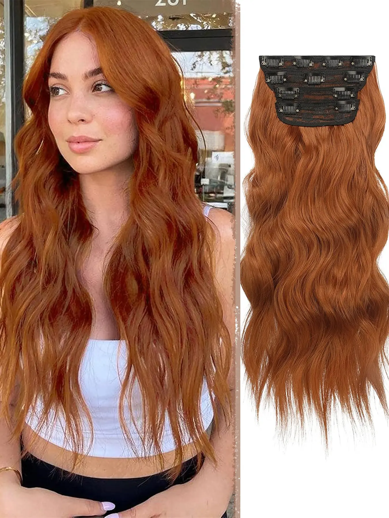 Clip in Hair Extension,Long Wavy Synthetic Hair Extensions 20 Inch Orange Red 4PCS Thick Hairpieces for Women