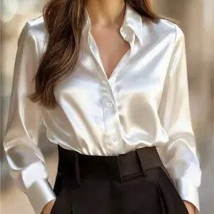 Camisas de Silk Women's Elegant White Satin Blouse with Button Front and Long Sleeves for Office Wear