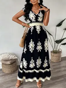 Women's V Neck Ruffle Hem A-Line Dress, Elastic Waist Flounce Sleeves, Classic Print Slimming Design, Casual Vacation Wear
