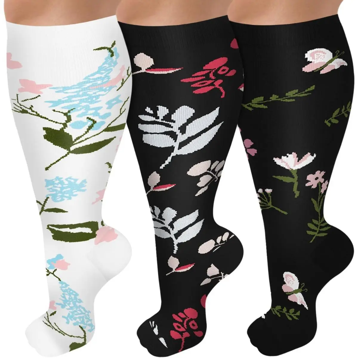 4 Pack Plus Size Compression Socks for Women & Men, Extra Wide Calf Knee High Stockings for Circulation Support Leg Warmers Menswear Floral