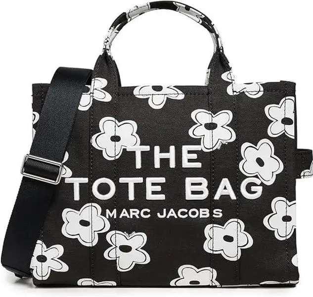 Marc Jacobs The Daisy Canvas Medium Everyday Women's Tote Bag - Black/White, 2-in-1 Design, Screen Print, Internal Pocket, 2S5HTT028H03-005, Women's Tote Bags, 2-In-1 Women's Tote Bags