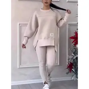 Women's Casual Sweatshirt Sports Set Autumn Winter Fashion Solid Loose Irregular Sweatshirt Top And Slim Trouser Two Piece Sets