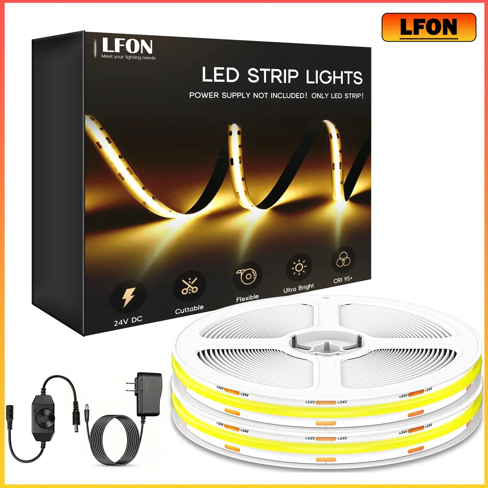 32.8ft/10m Warm White COB LED Strip Light,High Lumen Flexible CRI90+ LED Tape Super Bright DC24V,for Cabinet Home DIY Lighting Projects