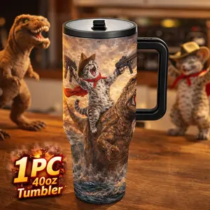 1 Pc 40oz Tumbler, Leak-Proof, Cowboy Cat with Dual Pistols Riding T-Rex Design, Perfect for Hot & Cold Drinks, Durable, Strong Handle, Easy-to-Clean, Ideal Gift for Men and Women, Perfect for Travel, Office, Outdoor, Holiday Gifts, Unique
